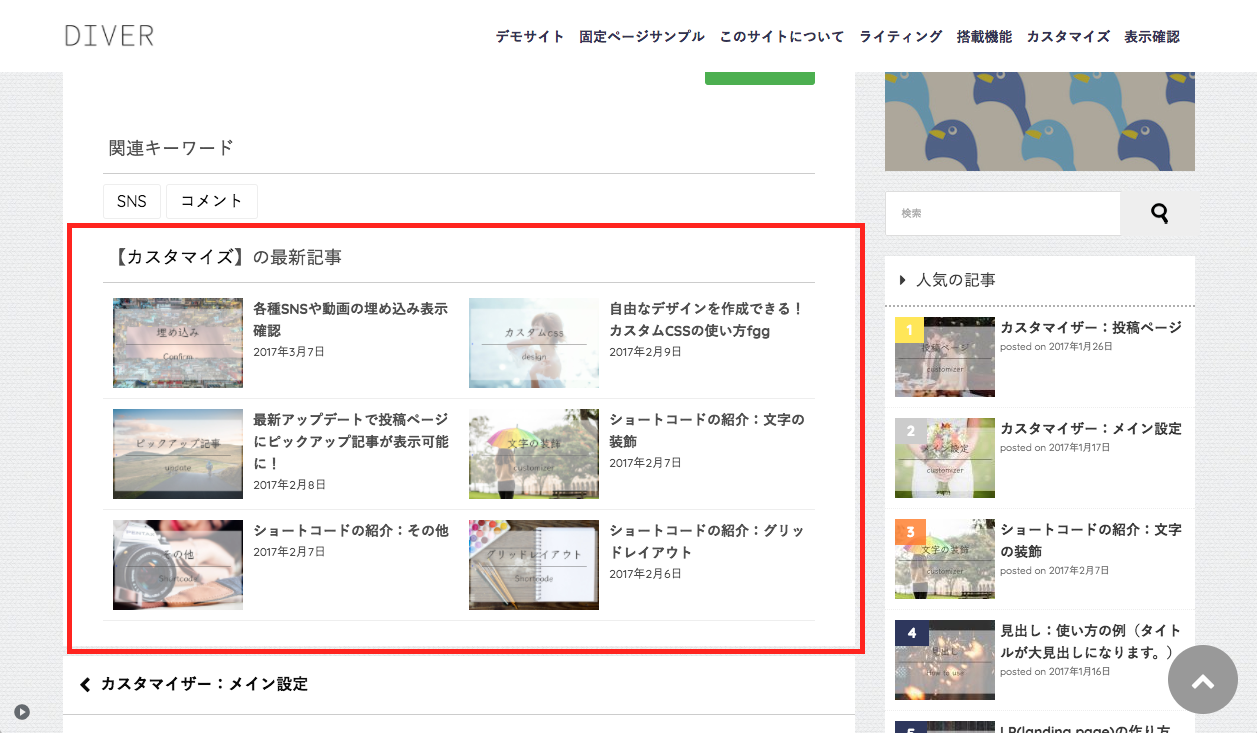 カスタマイザー 投稿ページ Wordpressテーマ Diver